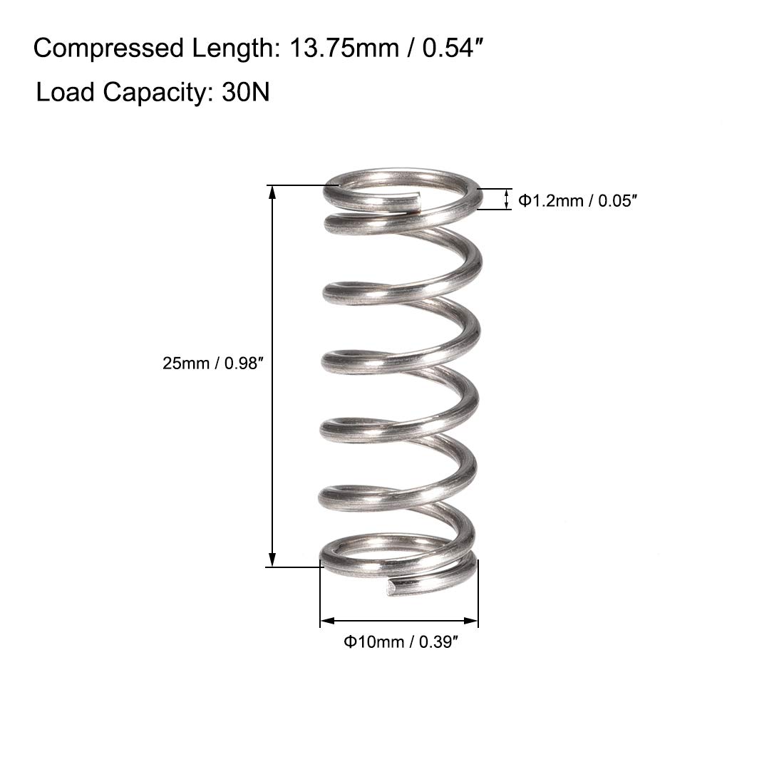sourcing map molla a compressione, acciaio inossidabile 304, 20 mm OD, 1,2 mm, lunghezza compressa 11 mm, lunghezza libera 20 mm, capacità di carico 30 N, tonalità argento, 10 pezzi