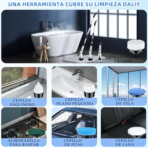 Cepillo Electrico Limpieza Hogar, Cepillo Limpieza Hogar con 4 Ángulos Ajustables, 7 Cabezales de Cepillo, 3 Opciones de Longitud, 90 Minutos de Autonomía, 2 Modos de Velocidad, para Baño, Suelo - imagen 3