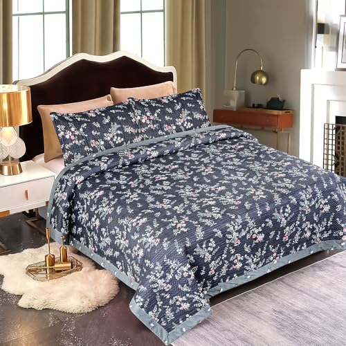 Image of Amazon Brand - Umi 100% Cotton Quilted /Ultrasonic 280 Tc Printed King Size Bed Cover /Bedsheet /Bedspread Comforter with 2 Pillow Shams /Cover, (Luxurious, 90 x100 inches, Blue & Grey)