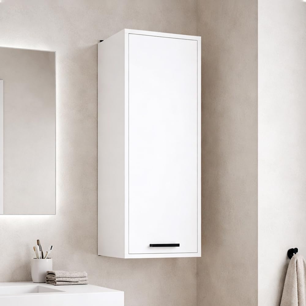 ARREDO DA CASA Pensile Bagno Sospeso Moderno 35x90x30 cm, 1 Anta con 3 Vani Interni e Maniglia Nera, Mobile Sospeso Bagno in Nobilitato, Mobiletto Bagno e Lavanderia, Bianco Opaco, PBT3