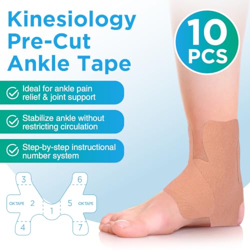 Image of OK TAPE Precut Kinesiology Ankle Tape, 10 Pcs, Pain Relief, Prevent Ankle Sprain, Provide Support for Ankle Ligament, Elastic Athletic Tape, Breathable Cotton, Daily Use - Beige