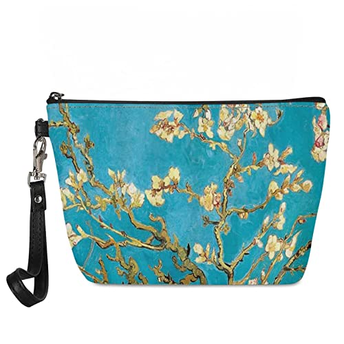 Howilath Fashion Almond Blossoms PU Leaher Toiletry Pouch Handle Trapezoid Makeup Bag for Teen Girl