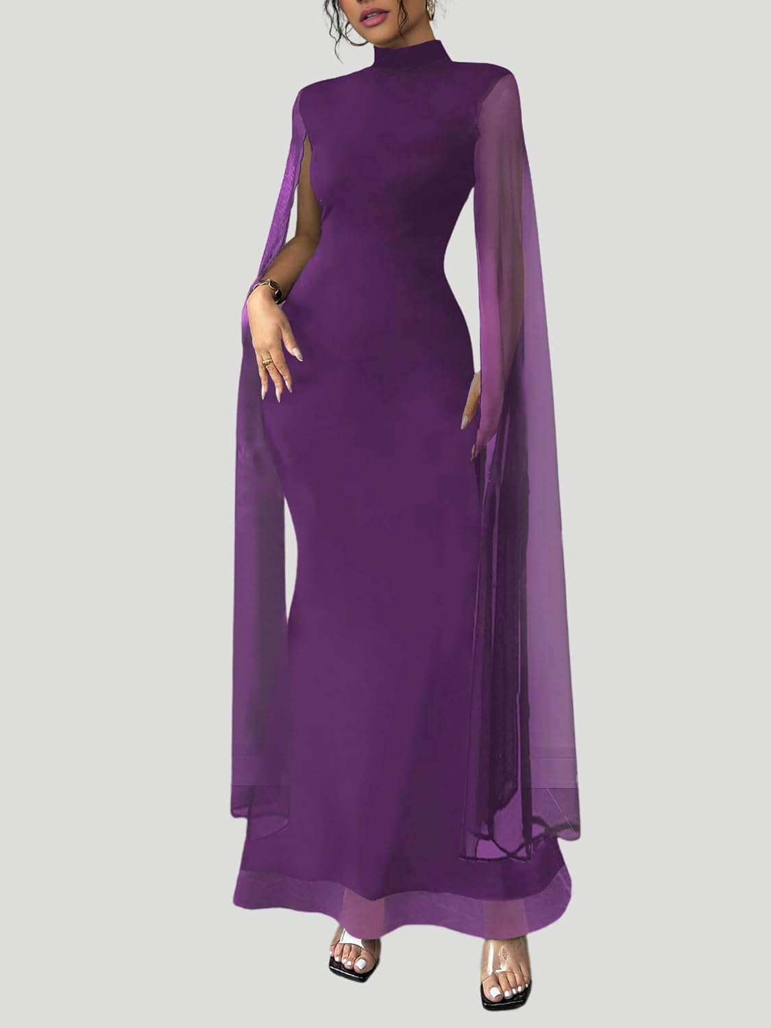 WISFRUIT Women Sexy Elegant Formal Mock Neck Flare Sleeve Mesh Evening Gowns Maxi Dress - Image 4