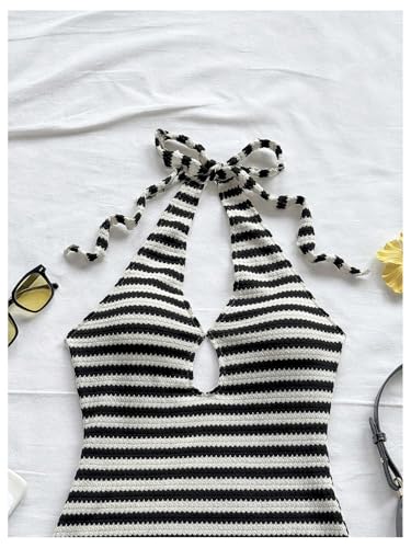 Image of GORGLITTER Women's Vacation Outfit Crochet Halter Knit Bubble Mini Dress Sexy Beach Cruise Summer Miami Resort Outfits