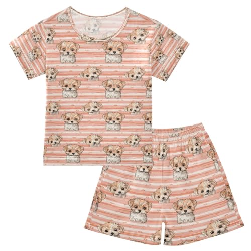 ALAZA Puppy Dog Paw Print Striped Pajamas Set Short Sleeve Cotton Sleepwear Summer Pjs 2 Piece 5-14Y