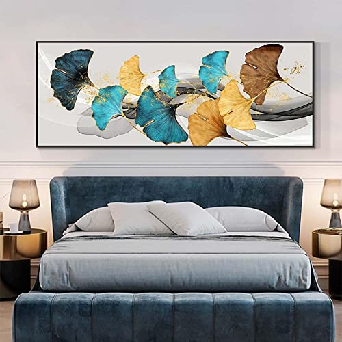 Peinture abstraite feuilles de ginkgo jaune et bleu sans cadre