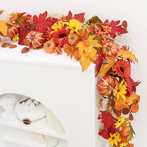ZIFTY Fall Garland for Mantle Decor 5ft Maple Leaf Garland Thanksgiving Halloween Decorations Hanging Vine Pumpkin Decor for Farmhouse, Fireplace, Front Door, Indoor Home Frame Doorway Backdrop Decor