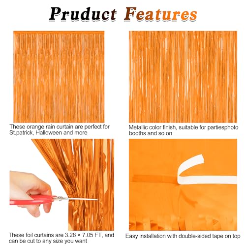 Image of ZATAYE 2 Pack Orange Halloween Foil Curtain Streamer Decorations | Orange, Metallic Foil, 3.28 x 7.05 FT, Tinsel Backdrop, Foil Curtain Streamer, Halloween Party, Photo Booth Door Wall Decor