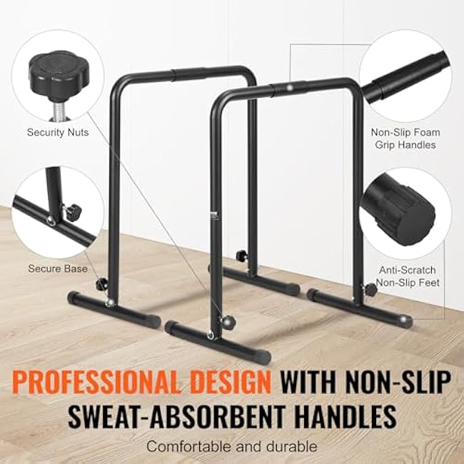 VEVOR Dip Bars, 440 lbs Capacity, Heave Duty Dip Stand Station with Adjustable Height, Fitness Workout Dip Bar Station Stabilizer Parallette Push Up Stand, Parallel Bars for Strength Training Home Gym