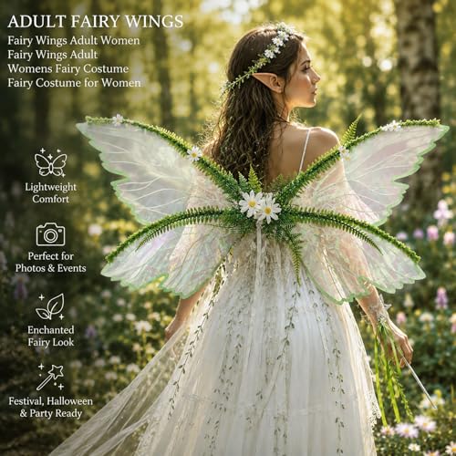 BEFEIEULEAQ Fairy Wings Set - 4 PCS Butterfly Wings with Elf Ears, Flower Crown & Wand - Universal Size Green — view 5