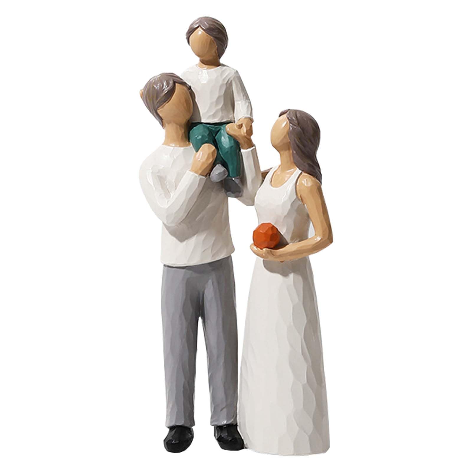Scultura Di Famiglia In Legno E Resina - Figure Di 3 Genitori E Figlio - Statue Da Collezione Per La Decorazione Della Casa - Regalo Per Neonato