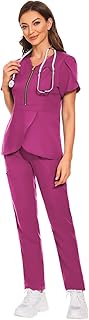VIAOLI Scrubs for Women Set with Zip Medical Scrub Set Nursing Top & Pant Solid Modern Sexy Design Uniforms Clearance (Rose Red,M,Medium)