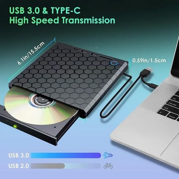 Image of External CD DVD Drive Player, USB 3.0 USB-C Portable CD DVD + /-RW Disk Drive Burner CD-ROM Reader Writer for Laptop Desktop PC (DVD Writer - B22-Y)