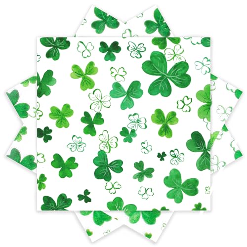 Quera 50 Pcs St. Patricks Day Paper Napkins Watercolor Green Shamrock Beverage Napkin Disposable Dinner Napkins Cocktail Napkin for Irish Kitchen Restaurant Parties Dinners 6.5*6.5