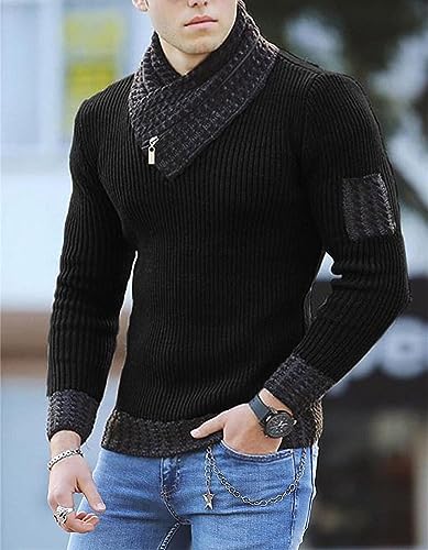 Mens Pullover Sweaters Long Sleeve Fashion Scarf High Collar Plus Size Sweater Men Casual Top2