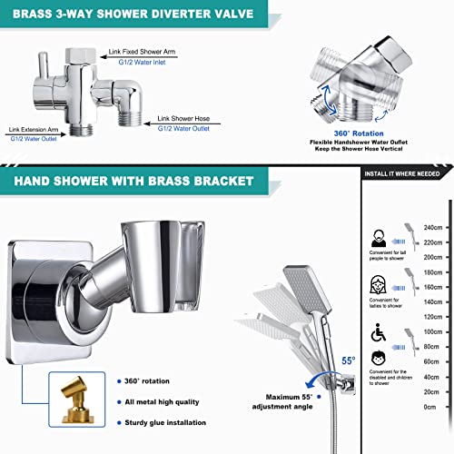 10" High Pressure Rainfall Shower Head With Handheld Combo, Upgrade 12" Extension Arm Height Adjustable, Powerful Stainless Steel Shower Head, Brass Shower Holder Extra Long Shower Hose, Chrome #TOP4