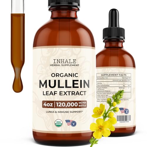 Inhale Mullein Drops – USDA Organic Mullein Leaf Extract for Lung & Bronchial Cleanse | Mucus Relief & Respiratory Support | for Smokers & Allergy Sufferers | Made in USA | 4oz Tincture