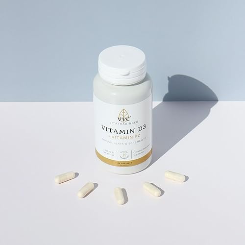 Miniatura 4 de VTC VitaTradingCo. Vitamina D3 + K2  Formas bioactivas de alta potencia  1000iu D3 + 45mcg MK-4 K2  Aumenta la absorción de calcio  Soporte
