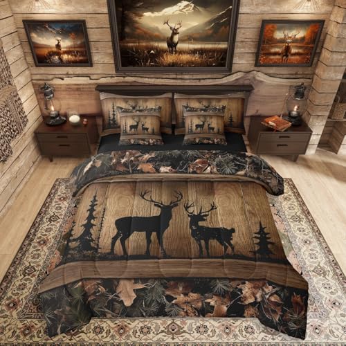 Erosebridal Rustic Cabin Bedding Sets 7 Piece Camo Hunting Deer Comforter Set Queen Farmhouse Woodland Animal Bed in A Bag for Kids Boys Teen Men Tree Camouflage Wildlife Sheet Set with Comforter