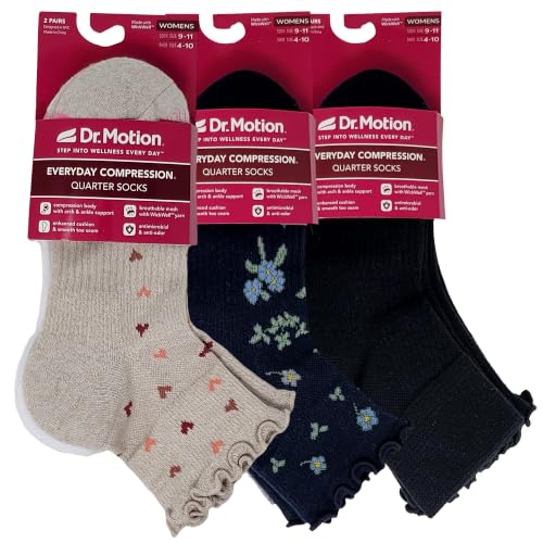 Image of Dr. Motion Compression Quarter Socks For Women With Enhanced Cushion And Breathable Arch Support 6 Pairs