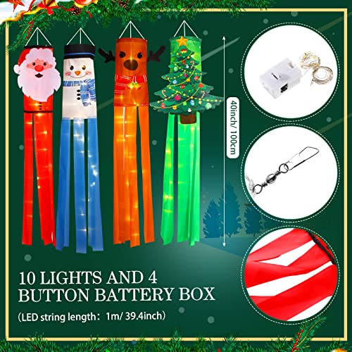 4 Pieces Christmas Windsock Flags with LED Light 39 Inch Snowman Santa Claus Christmas Tree Hanging Decorations Christmas Elk Winter Outdoor Windsocks for Yard Patio Lawn Party Decor (Vivid Style)