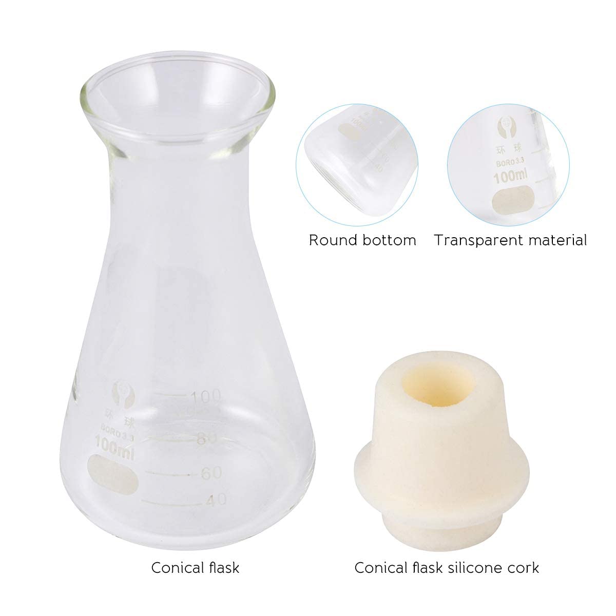 Hemobllo 1pièce Flacon Verre Avec Bouchon Liège Pour Étudiants Chimie Erlenmeyer Pratique Pour Expériences De Laboratoire