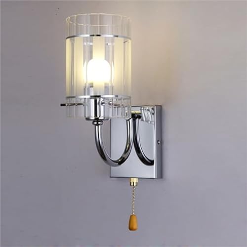Aplique de pared LED con interruptor de cadena de cristal transparente, cromado, lámpara cilíndrica moderna de mediados de siglo, lámpara cableada