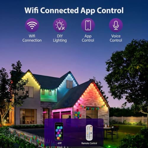 Image of Permanent Outdoor Lights 100ft - Smart Rgb Underglow Lights for House | Wifi Connection, 72 Scene Modes, Music Capture, Voice Control String Lights Under Eave for Party, Halloween, Christmas