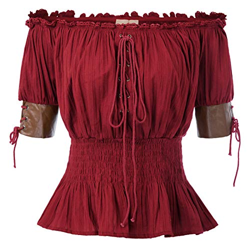 Belle Poque Top Donna Steampunk Camicetta vittoriana Top Medievale Retro Vintage Medio-Lungo Pizzo Volante 100% Cotone Taglia XL Vino Rosso