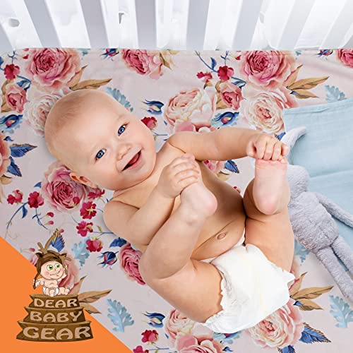 Image of Dear Baby Gear Floral Deluxe Baby Blanket - Reversible, Milestone & Newborn Gifts for Girls and Boys - Vintage Roses with Blue Accents, Hot Pink, 40 x 30 Inches