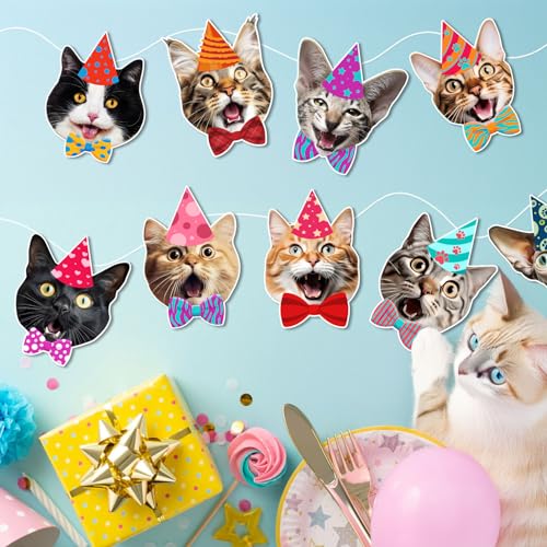 Image of Cat Faces Birthday Banner, Photographic Kittens Garland Party Decor | garland with 12 real photo cat face pennants, pre-strung; reusable cardstock; funny decor for cat lover parties