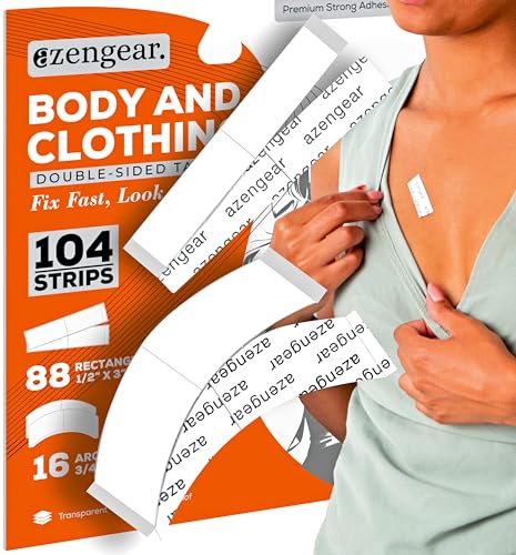 aZengear Double Sided Body Tape for Clothes, Hijab, Dress (104 Strip Pack) - Transparent, Clear, Strong Adhesion For All Skin Types and Fashion Clothing Fabrics