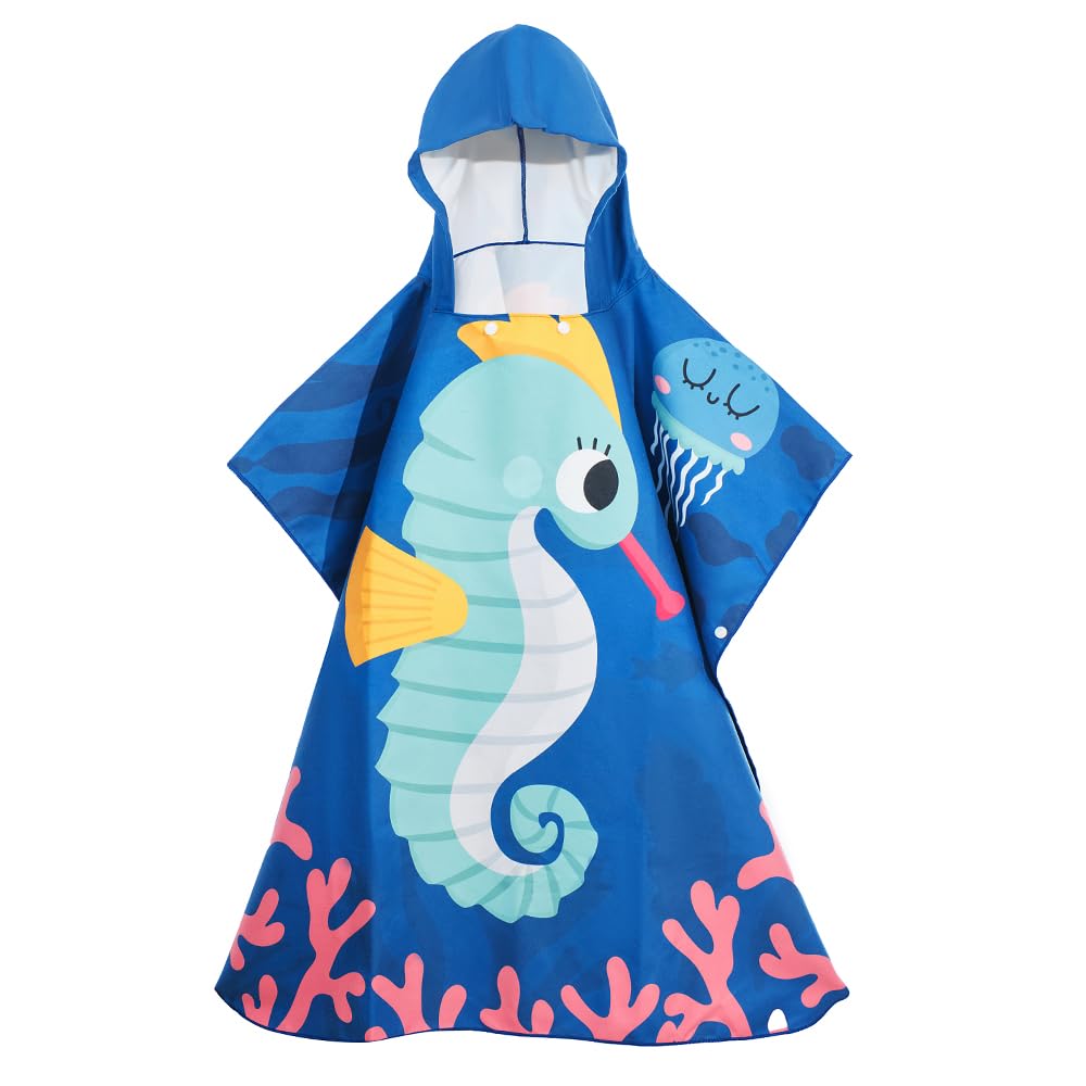 Maddy's Home Kids Hooded Beach Towel - Super Soft Absorbent Cotton Poncho for Boys & Girls, Bath Pool & Beach Use,Toddler to Teen (3-12 Years)(Seahorse)