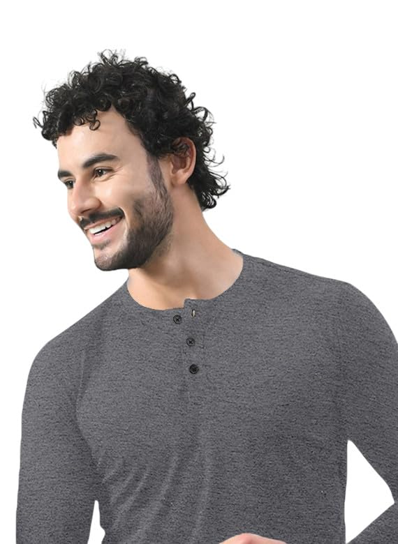 Image of Men's Long Sleeve Henley T-Shirt with Button Placket | Soft & Comfortable Casual Wear