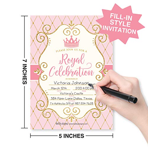 Image of Hadley Designs Kids Birthday Invitations Girl Princess Theme - 25 Royal Birthday Party Invitations For Girls, Princess Invites For Girls, Cute Party Supplies, Made in USA
