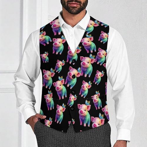 Colorful Pigs with Butterfly Suit Vest for Men Slim Fit Tuxedo Waistcoat Button Down V Neck Business Dress Coat4