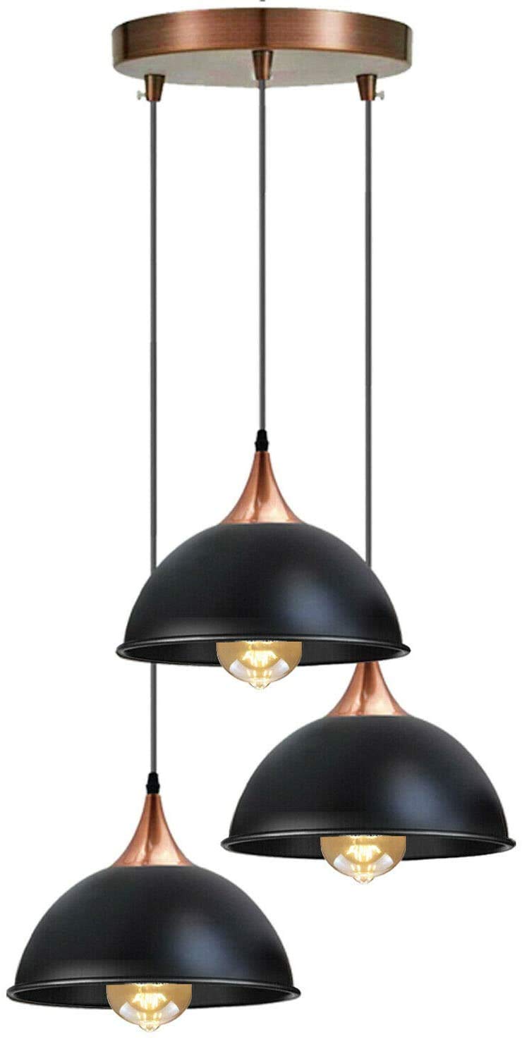 Dc Voltage Black 3 Light Cluster Pendant Light E27 Dome Shape Brushed Copper