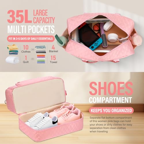 Large Travel Duffle Bag for Women,Carry on Overnight Bag Weekender Bags with Toiletry Bag Travel Bags for Women with Shoe Compartment for Gym Business Trips Sport Hospital(Pink)4