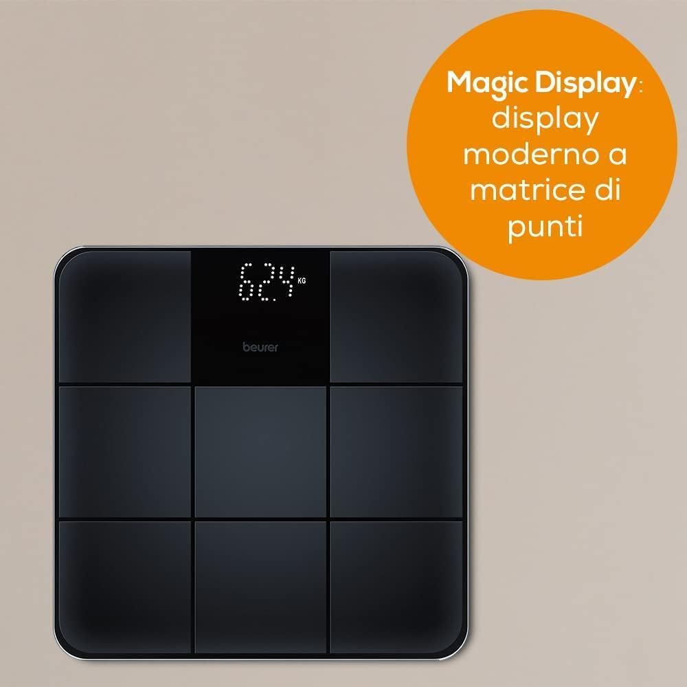 Beurer GS 235 Bilancia Pesapersone Digitale in Vetro con Superficie in Silicone Antiscivolo a Piastrella opaca e Display Magic invisibile, Spegnimento Automatico, Portata max di 180 kg, colore nero