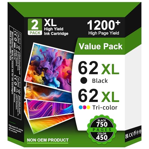 62XL Ink Cartridges Black and Colour Replacement for HP 62 Ink Cartridges Twin Pack Printer Ink 62 XL for HP Envy 5540 5640 5546 5544 5541 5644 5646 5542 7640 OfficeJet 250 200 5740 5742 (2-Pack)