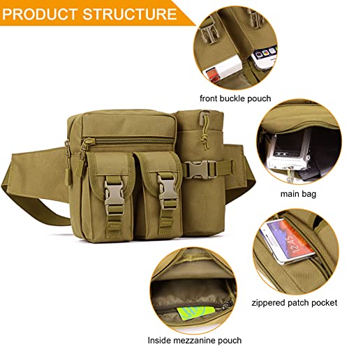 Huntvp Taktisch Hüfttasche mit Flaschenhalter Militärisch Bauchtasche Wasserdicht Gürteltasche MOLLE Wasserflasche Halter Multifunktional für Damen Herren Wandern Laufen Camping Trekking, Braun