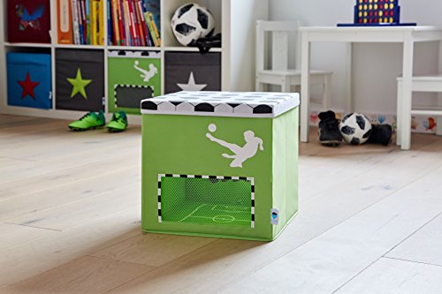 Love IT Store IT Fußball Aufbewahrungsbox mit Deckel - Spielzeugkiste für Kallax Regal aus Stoff - Verstärkte mit Holz - Grün mit Tornetz - 33x33x33 cm
