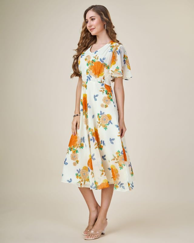 Image of MOJILAA Women's Georgette Floral Printed Gathered Dress