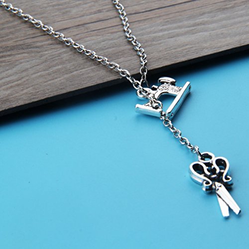 SEIRAA Sewing Machine and Scissors Pendant Necklace Vintage Style Hairdresser Necklace Gift for Barber3