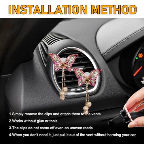 Image of povtii 2 PCS Bling Car Air Vent Clips, Rhinestone Butterfly Air Freshener Outlet Diffuser Clip, Cute Auto Air Conditioning Clip Charm for Women Girls, Decoration Car Accessories (Pink)