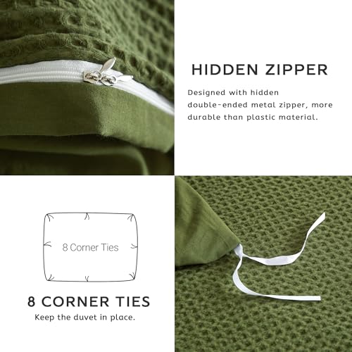 SE SOFTEXLY Waffle Duvet Cover King, 100% Cotton Waffle Weave Bedding Duvet Cover Set, Soft and Breathable Comforter Cover for All Season, 3 Pieces Including Pillow Shams(Green, 104”x90”)