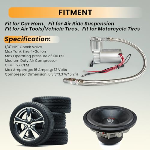 MILLISEC 130 PSI Air Suspension Compressor Compressor Kit for Car Horn, Air Ride Suspension, Air Tools/Vehicle Tires, Motorcycle Tires,1/4\" NPT Check Valve Medium Duty Air Compressor