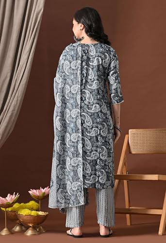 Image of Amazon Brand - Tavasya Women Cotton Anarkali Kurta Pant Dupatta Set | Printed Ethnic Suit Set | Flared Anarkali Kurta with Pant & Dupatta | Festive & Casual Wear