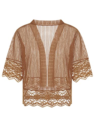 Image of Women Casual Lace Crochet Cardigan Short Sleeve Sheer Cover Up Jacket Ruffle Open Front Blouse Tops Summer Kimono Cardigans