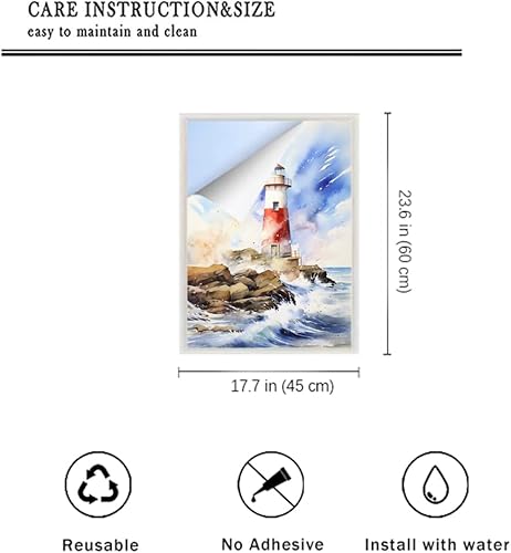 Miniatura 54 de Lámina abstracta retro de acuarela para ventana de vidrio con diseño de faro, diseño náutico, para privacidad en el océano, no adhesiva, para baño